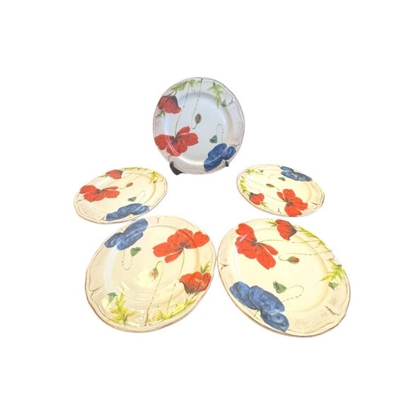 Set Of 5 Plates By GTB Home Handcrafted In Italy With Poppy  Floral Design 8.5" - Picture 2 of 7